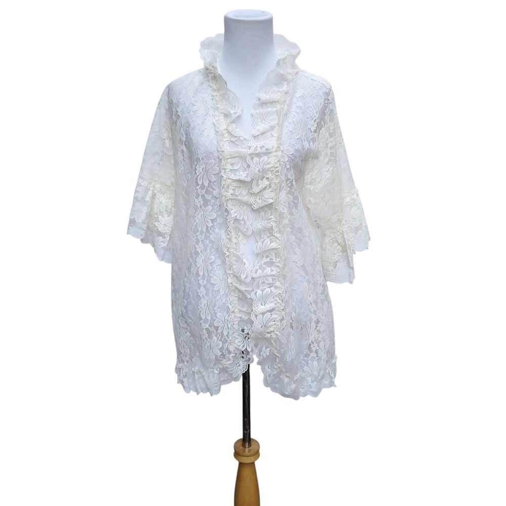 VTG Lady Cameo Dallas Cream Sheer Ruffle Lace Open Front Jacket Cottagecore Sz M